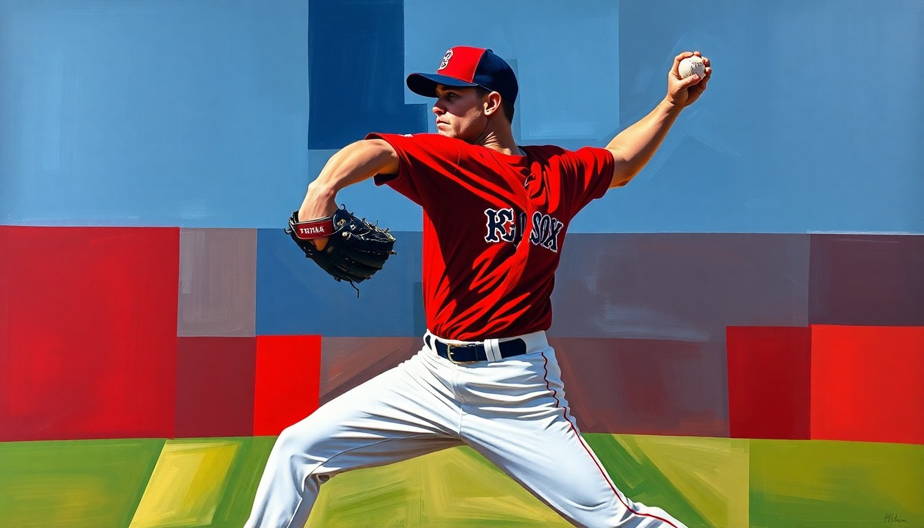 A fragmented, geometric painting depicting a baseball pitcher's windup and delivery, with sharp, overlapping planes of vibrant red, navy blue, and white colors.