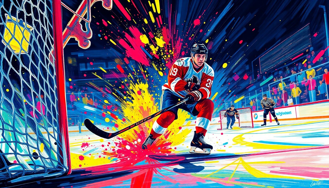 An abstract, expressionist painting in neon colors depicting the intense, explosive moment of a hockey player scoring a game-winning goal, with the player's figure dissolving into vibrant brushstrokes and splatters of paint.