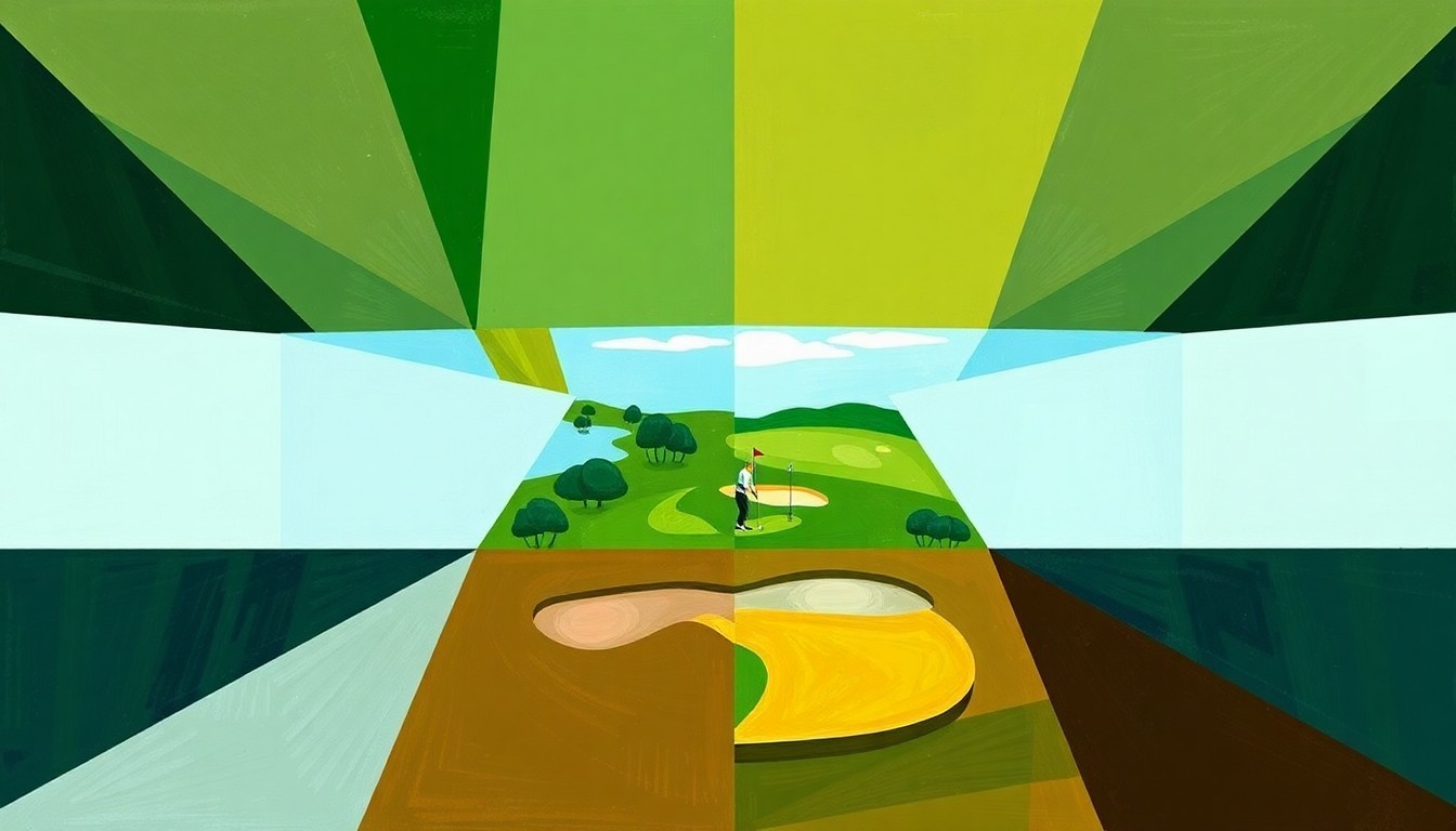 A cubist, geometric painting depicting a fragmented, multi-angled view of a women's golf tournament, with sharp planes of green fairways, brown sand traps, and blue skies overlapping to create an abstract, deconstructed visual representation of the sport.