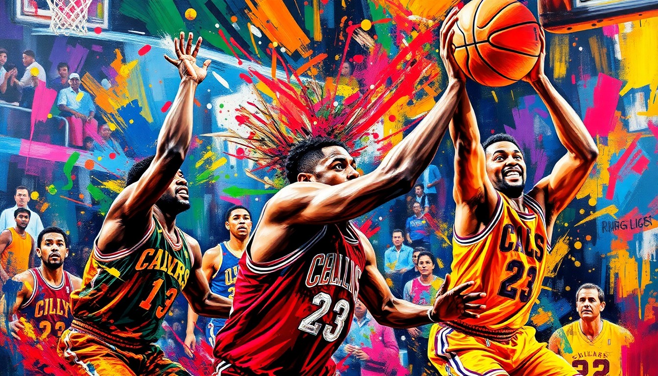 An abstract, expressionist painting featuring vibrant neon brushstrokes and splatters of paint, capturing the energy and movement of a fast-paced basketball game.