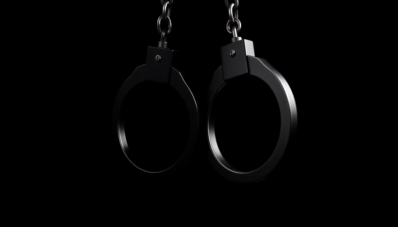 An extreme close-up of a pair of metal handcuffs against a stark black background, conceptually representing the arrest of an alleged child predator.