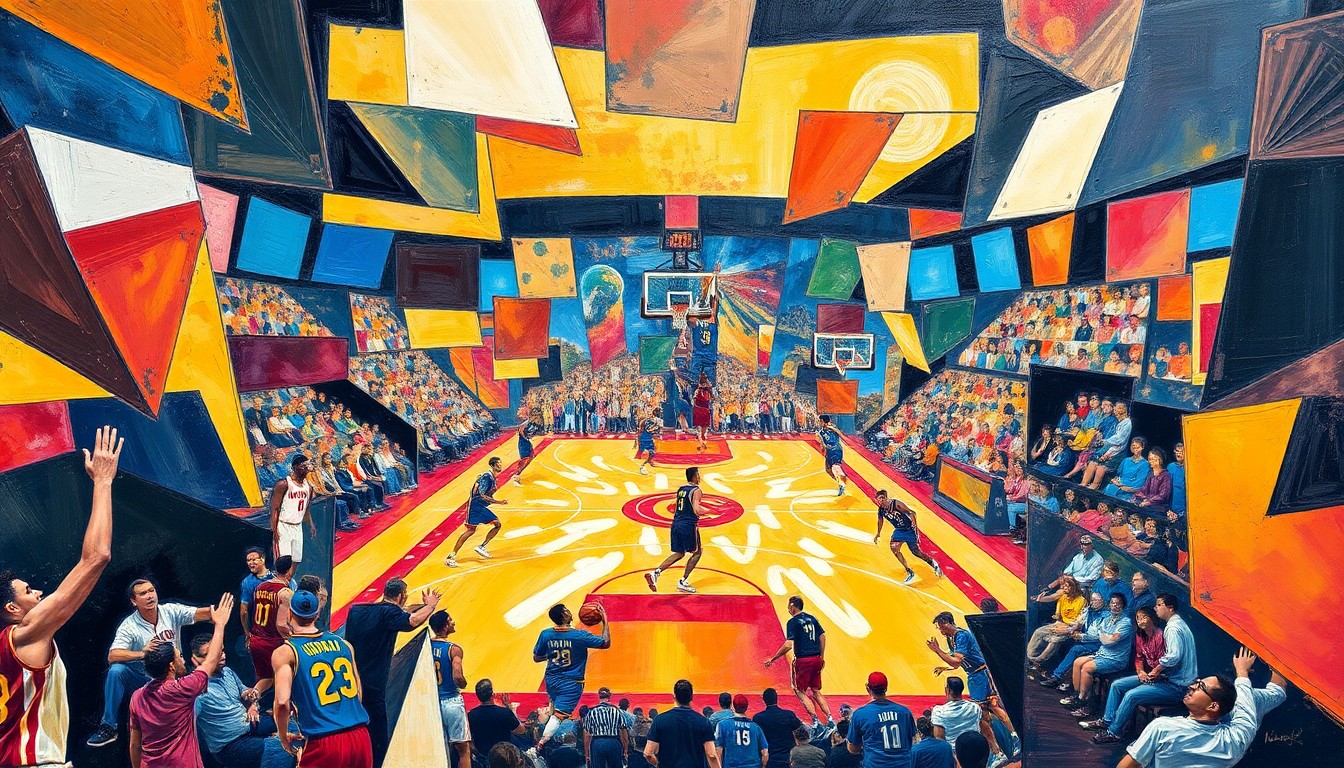 A fragmented, geometric painting depicting a basketball game in motion, with overlapping shapes and planes representing the players, the court, and the flow of the action.