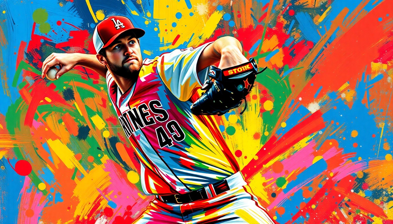An abstract expressionist painting depicting the explosive motion and energy of a baseball pitcher's delivery, with vibrant neon colors and rapid brushstrokes obscuring the pitcher's face and uniform.