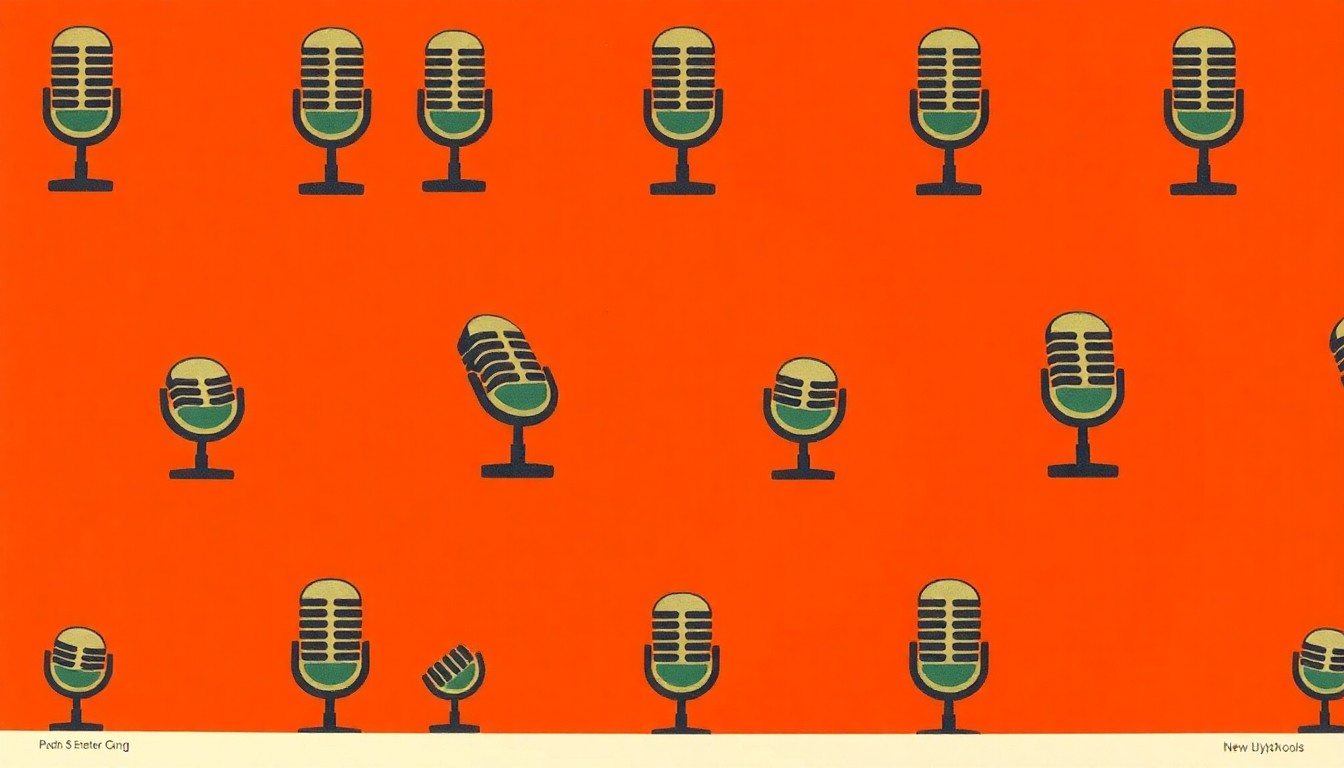 A vibrant, pop art-inspired grid of stylized microphone icons in a range of bold, neon colors, conceptually representing the tools and technology of modern journalism.
