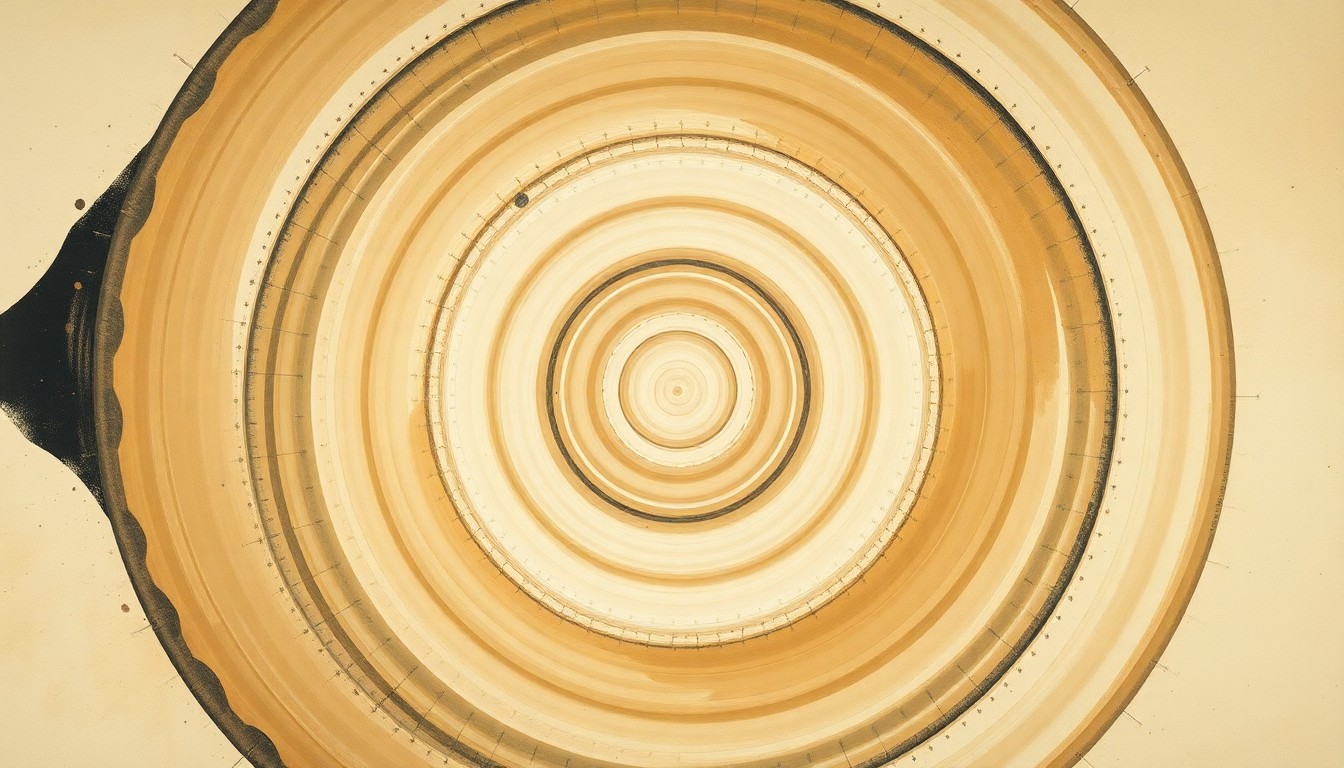 A highly textured, abstract painting in soft earth tones, featuring sweeping geometric shapes, concentric circles, and precise organic spirals, conceptually representing the complex and dynamic motions of proteins.