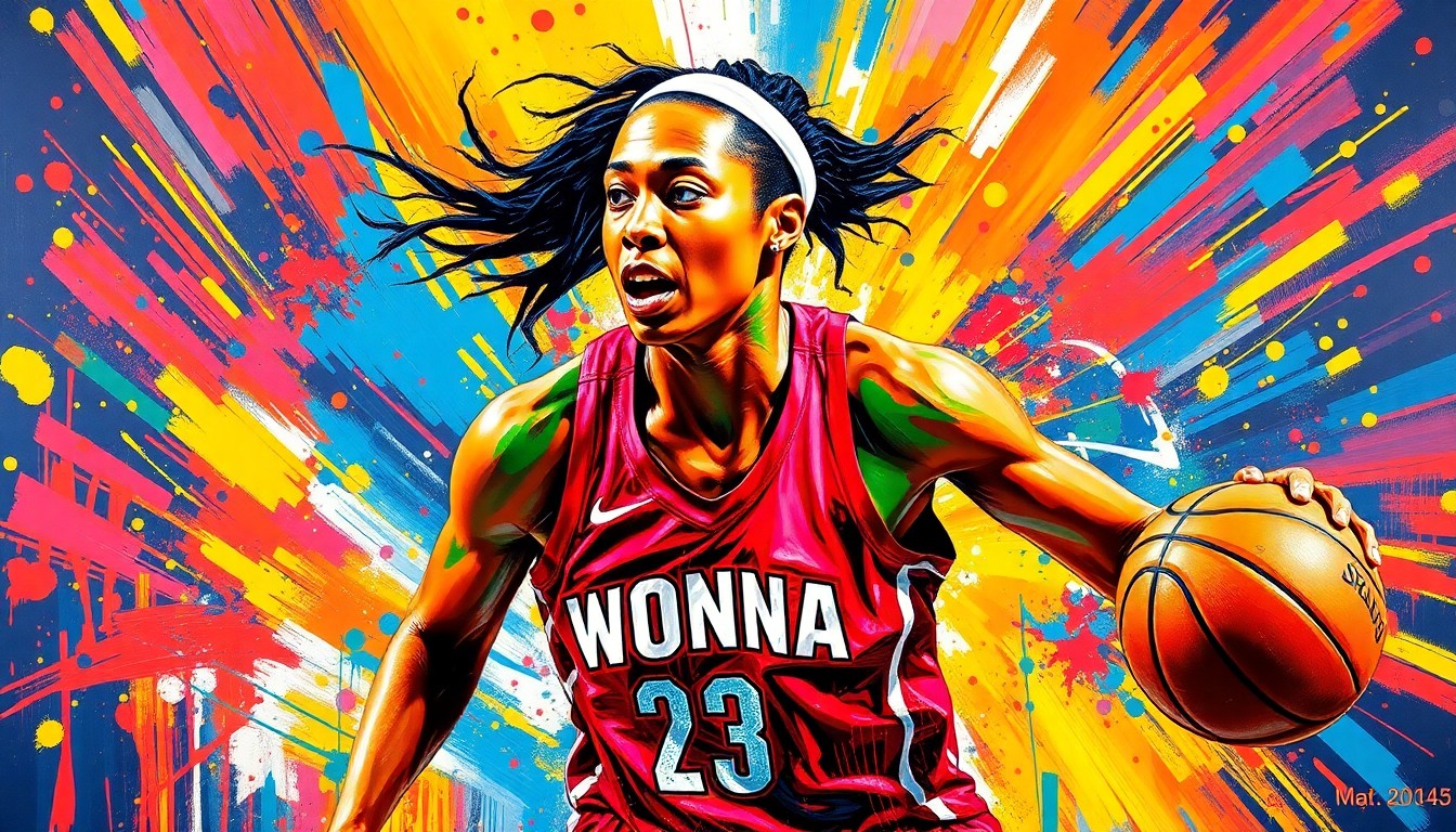 An abstract, expressionist painting in vibrant neon colors, capturing the dynamic movement and energy of a WNBA basketball player, with their features and jersey details dissolving into a blur of brushstrokes.