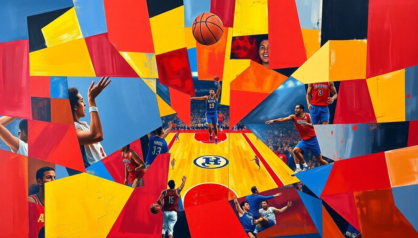 A fragmented, geometric painting in bold primary colors, depicting the dynamic movements and energy of a college basketball game or match, with no identifiable players or teams.