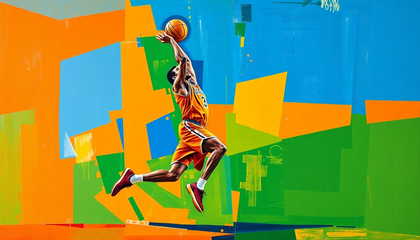 A cubist, geometric painting depicting the fragmented movements of a basketball player, rendered in bold, contrasting colors.