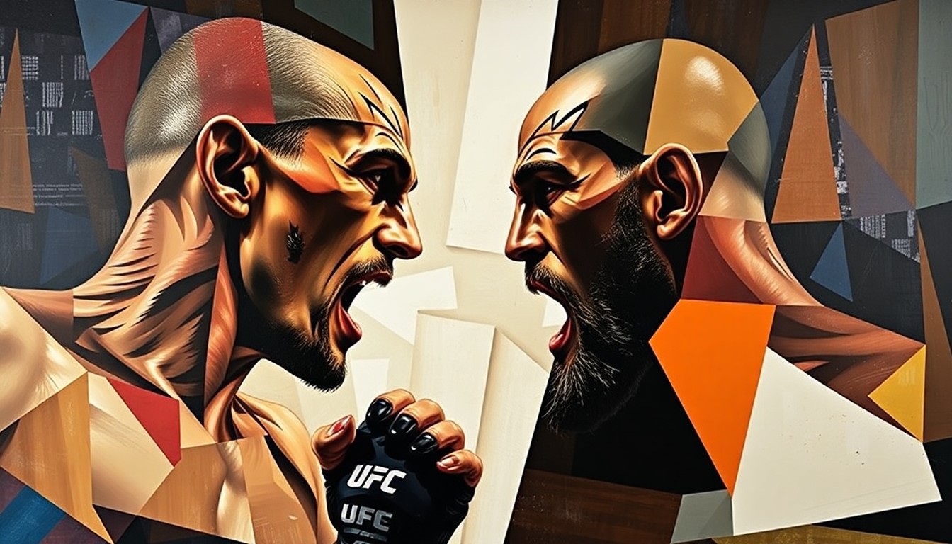 A fractured, geometric painting depicting a UFC fight scene, with the fighters' bodies and faces broken down into abstract shapes and planes, conveying the raw energy and violence of the sport.