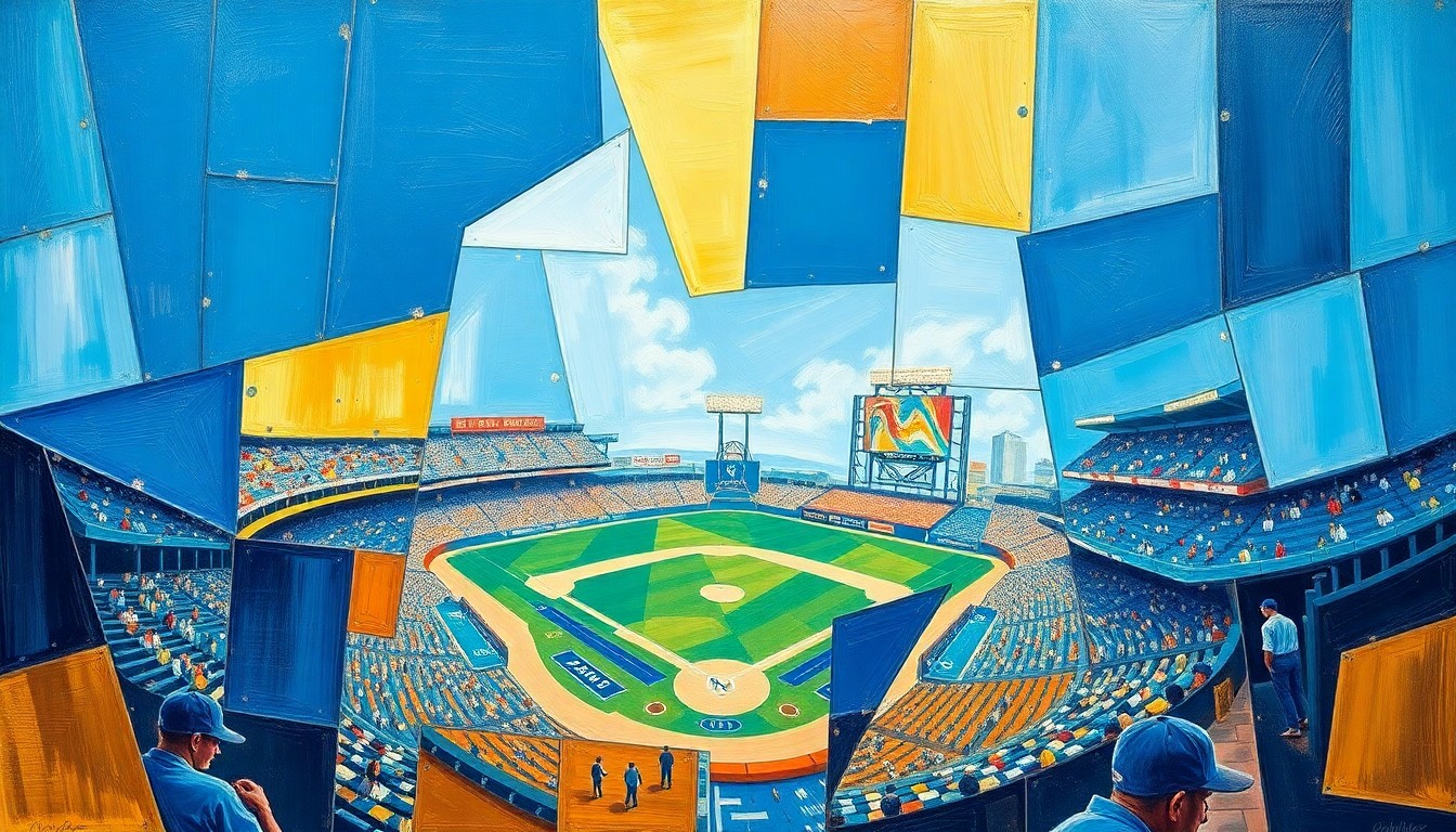 A cubist, geometric painting depicting a fragmented, multi-angled view of a baseball stadium or game, with sharp planes of royal blue, powder blue, and gold representing the high-stakes negotiations to retain the Royals franchise.