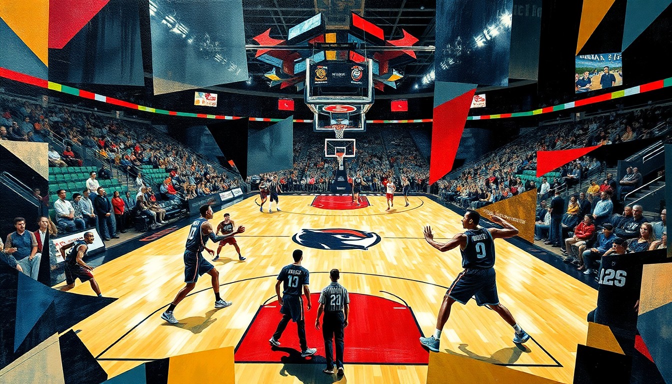A fragmented, abstract painting in the style of Pablo Picasso, depicting a basketball game or match with the players and court broken down into sharp, overlapping geometric shapes and planes of color, capturing the raw energy and emotion of the sport.
