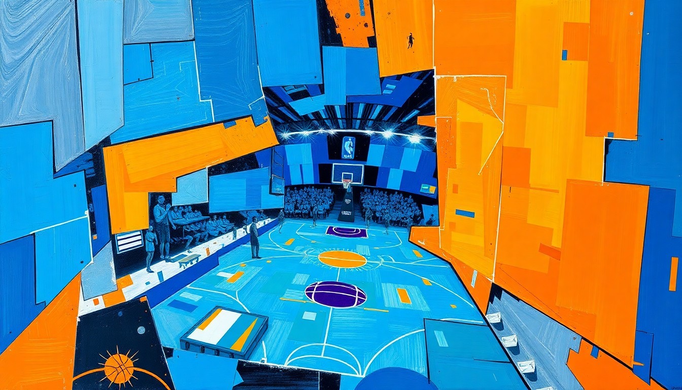 A fragmented, geometric painting in bold, neon colors depicting the dynamic movements and shifting perspectives of a basketball game or match.