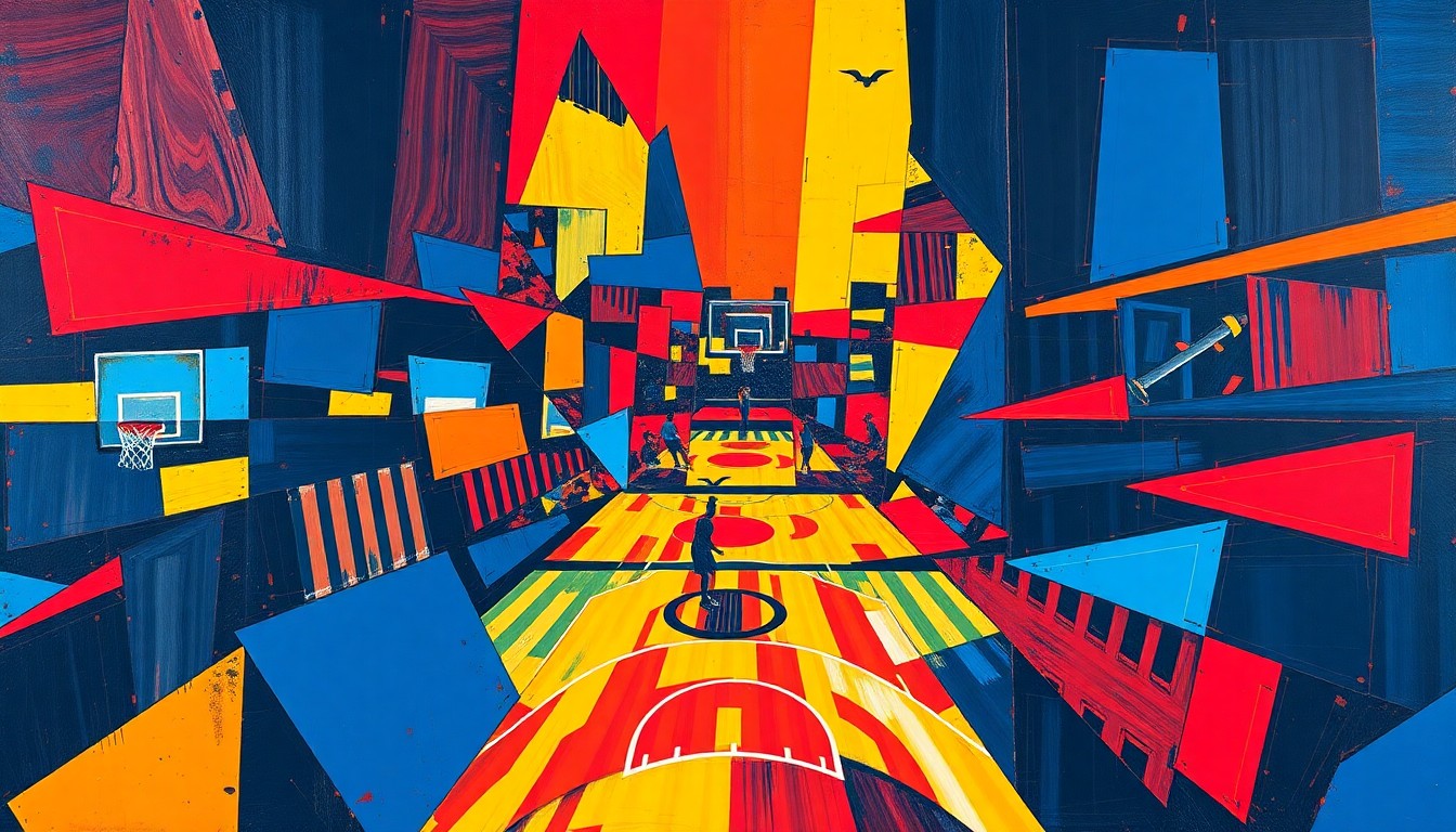 A cubist, geometric painting depicting the dynamic movements and energy of a basketball game, with sharp, overlapping planes of color representing the players and the action on the court.