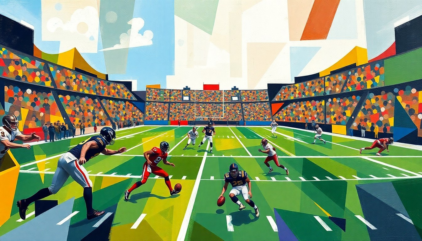 A cubist-style painting depicting a fragmented, geometric interpretation of a football game, with players and the field reduced to angular, colorful shapes.