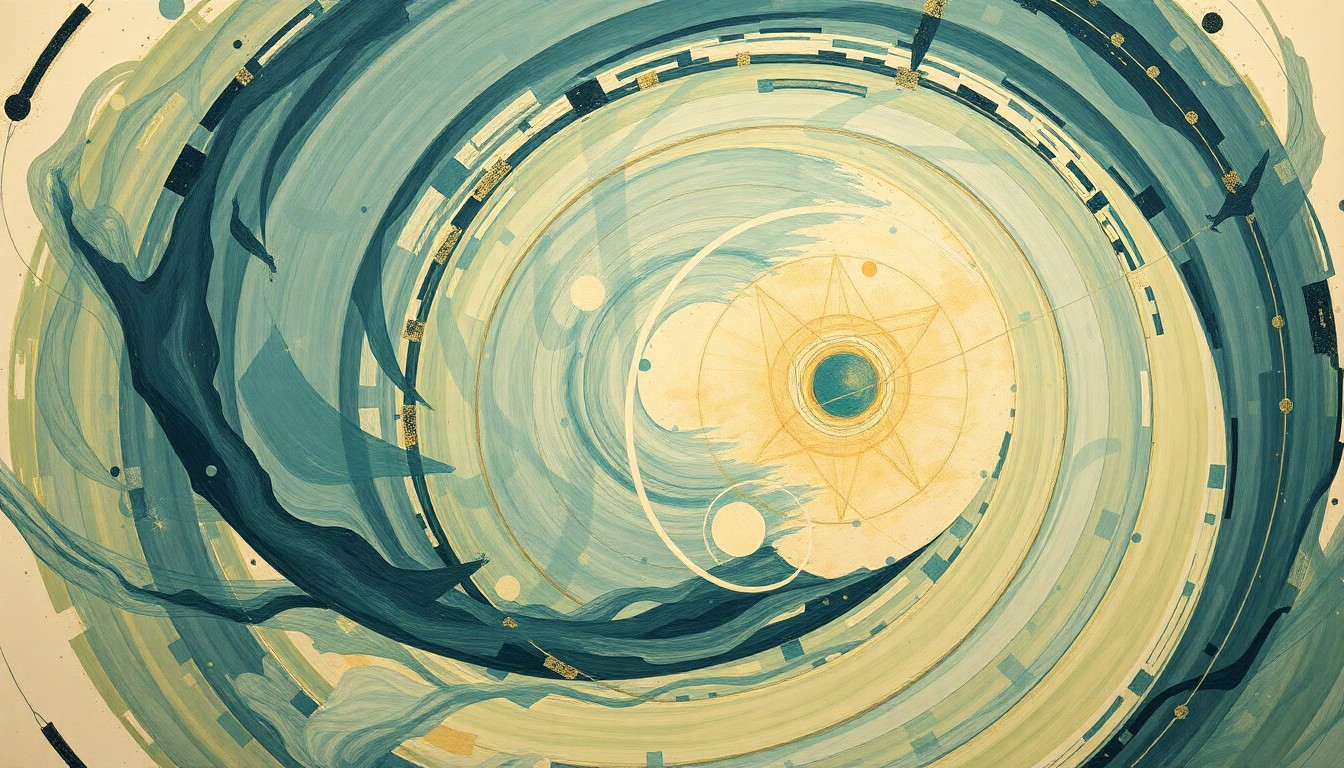 A highly structured abstract painting in soft, earthy tones of blue, green, and gold, featuring sweeping geometric arcs, concentric planetary circles, and precise botanical spirals, conceptually representing the complex astronomical forces and concepts uncovered by a teen's AI model.