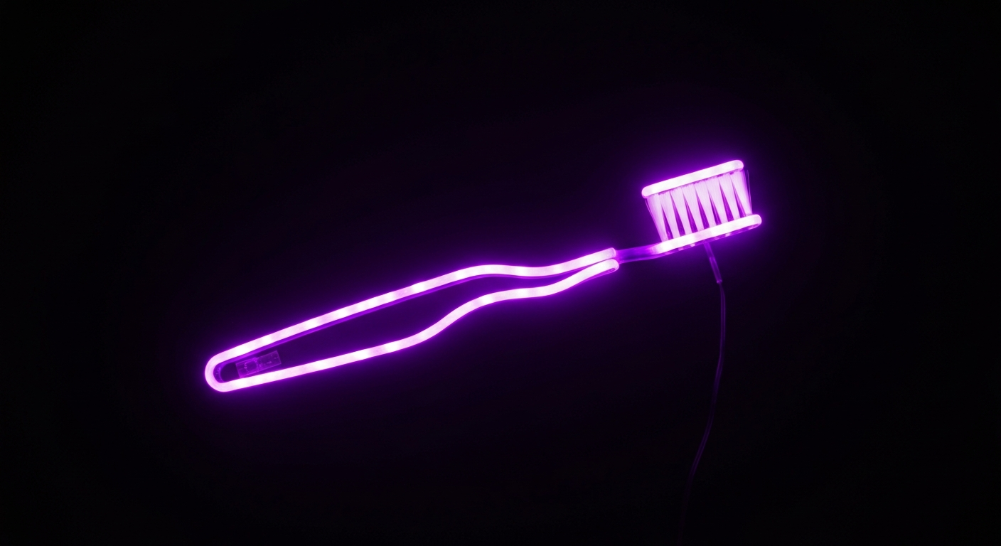 A minimalist, neon-outlined toothbrush glowing with a vibrant purple light against a dark background, conceptually representing the temporary and superficial nature of purple toothpaste's whitening claims.