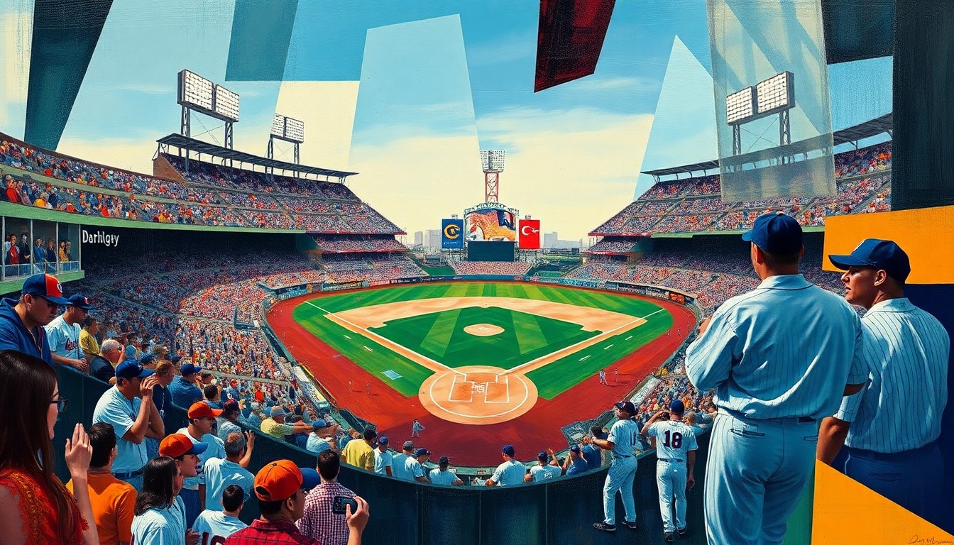 A heavily abstracted, geometric painting in shades of blue, green, and orange, depicting the fragmented and overlapping elements of a baseball game's final innings, conveying the sense of a dramatic and chaotic conclusion.