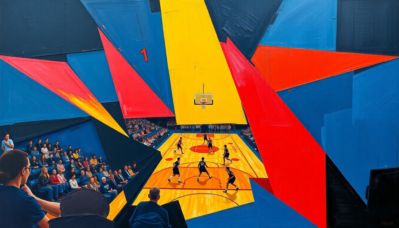 A cubist-style painting depicting a fragmented, multi-angled view of a women's basketball game, with sharp geometric shapes in navy, red, and yellow representing the dynamic and evolving nature of the sport's recruitment landscape.