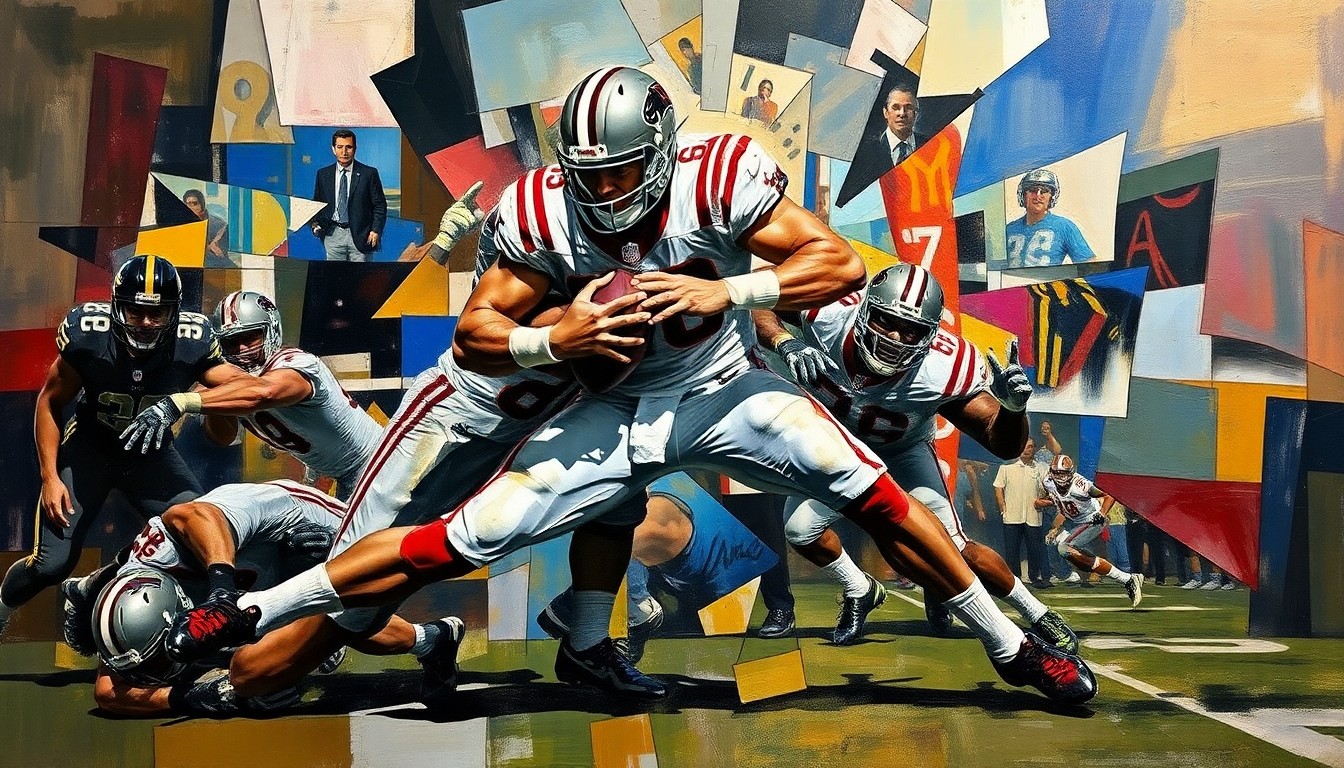 A cubist-style painting depicting the explosive movements and powerful physicality of a defensive tackle, with their body broken down into sharp, overlapping geometric shapes and planes.