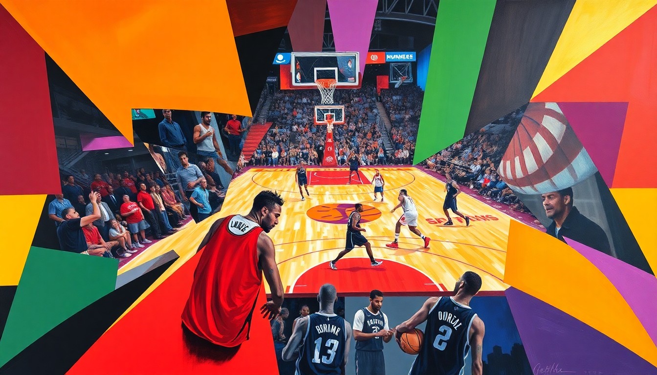 A cubist, geometric painting depicting a fractured basketball game with overlapping shapes and planes in the Suns' team colors, conceptually representing the challenges the team faces due to injuries to their rising stars.