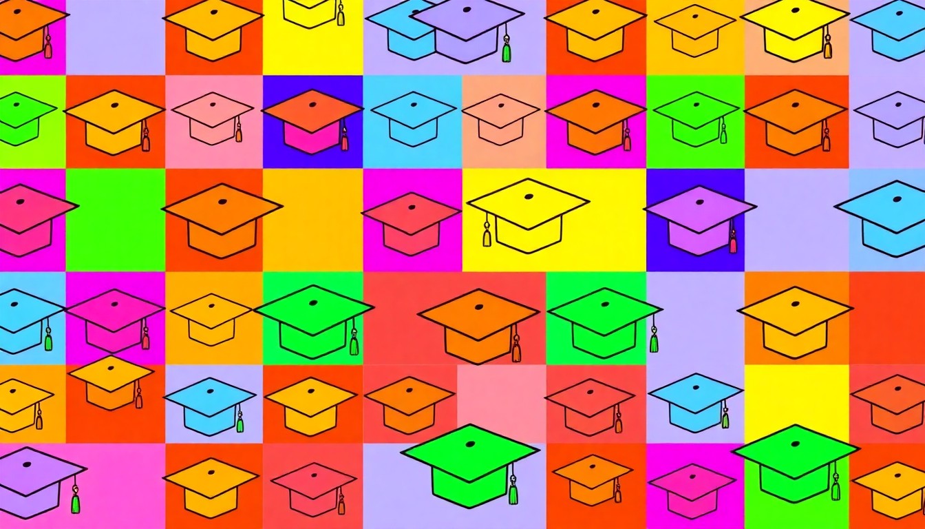 A brightly colored, high-contrast silkscreen print of a graduation cap icon repeated in a tight grid pattern, conceptually representing the academic achievements and leadership recognized by Casper College's president receiving a national award.