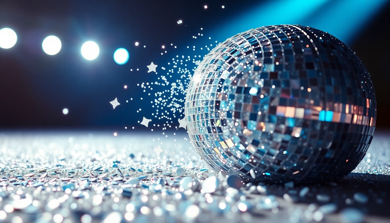 An abstract close-up image of shimmering sequins and shattered glass, capturing the glamour and high-energy of a K-pop music performance.
