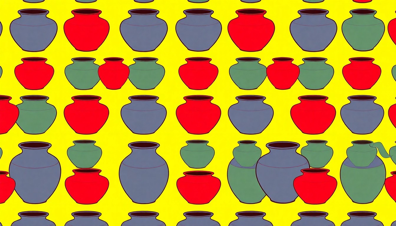 A brightly colored, high-contrast silkscreen print of a single, iconic pottery vase or bowl repeated in a tight grid pattern, capturing the essence of a lifelong artistic passion.