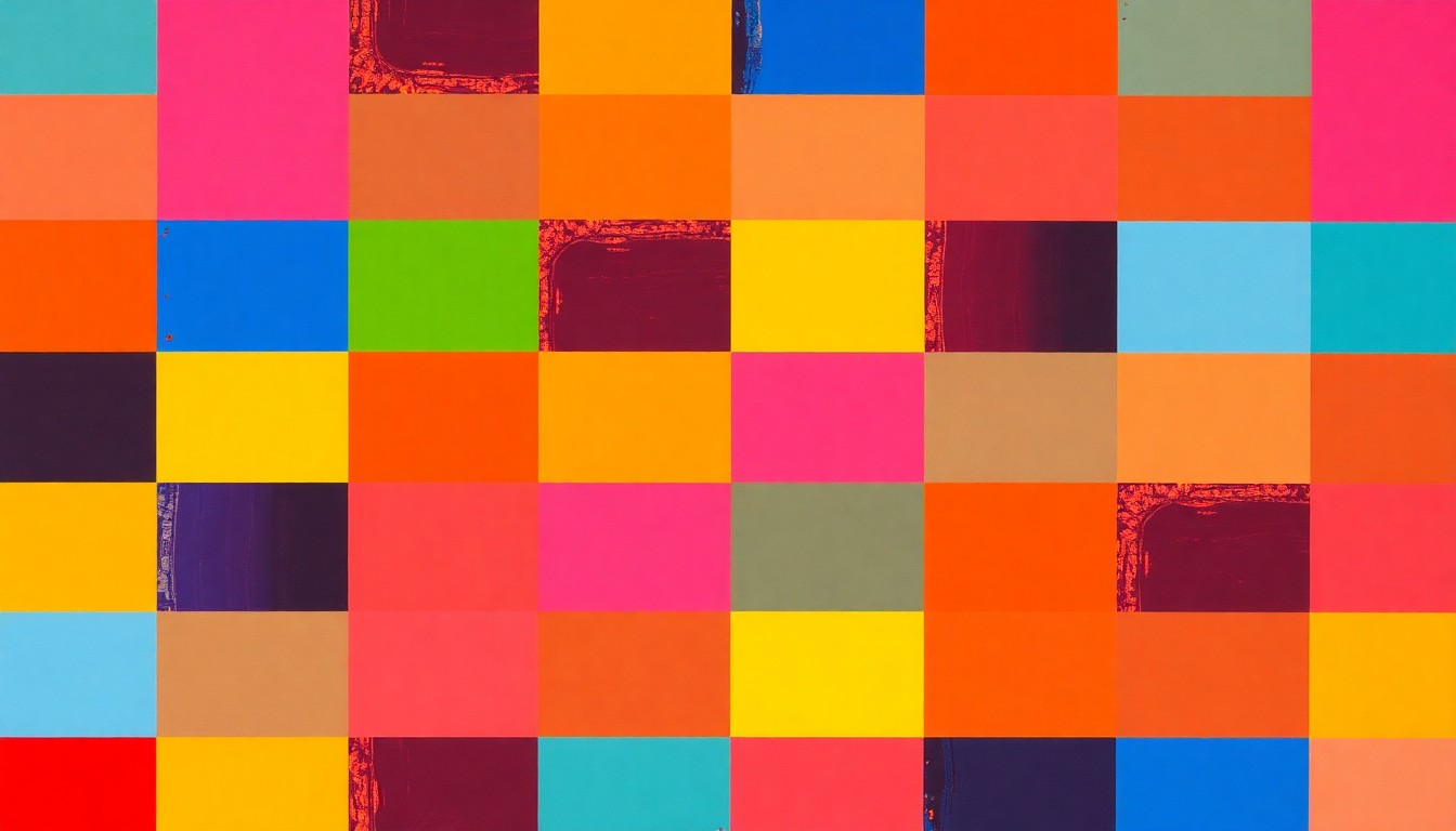 A high-contrast, silkscreen-style illustration featuring a grid of colorful artist's palettes, conceptually representing the diverse creativity and artistic mediums showcased at the Market Street Fine Arts Show.