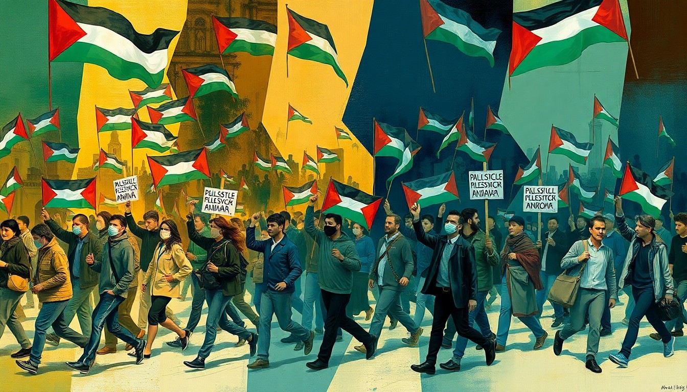 A dynamic, abstract painting of protesters marching with Palestinian flags and anti-war signs, the figures repeated in overlapping, fractured geometric waves of color, conveying the energy and momentum of the demonstration.