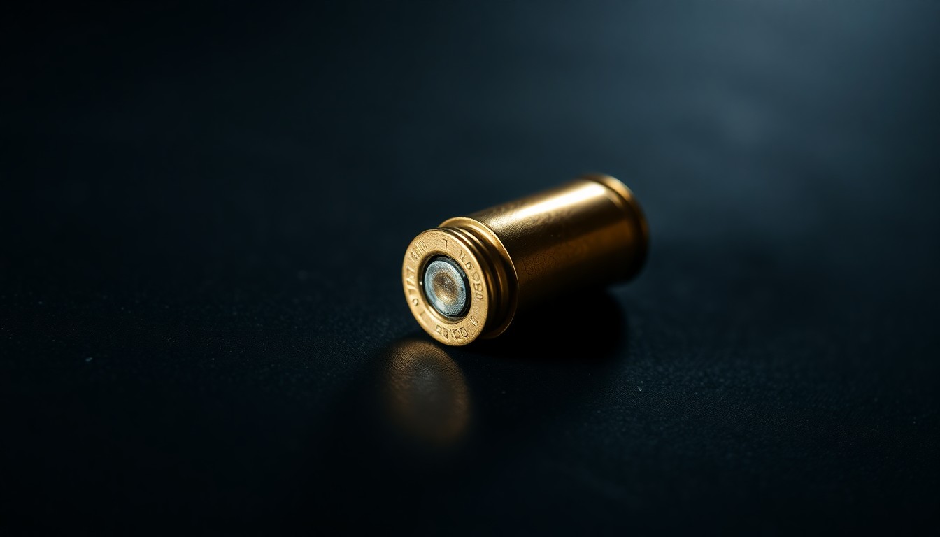 An extreme close-up photograph of a single spent bullet casing on a dark surface, lit by a harsh, direct camera flash, conceptually representing the evidence of a violent crime.