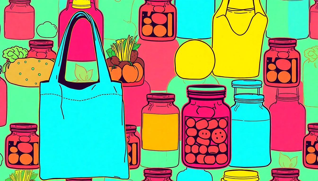 A brightly colored, high-contrast silkscreen print of a single, iconic lifestyle object such as a reusable grocery bag or glass jar of herbal supplements, repeated in a tight grid pattern to turn everyday consumer habits into modern pop art.