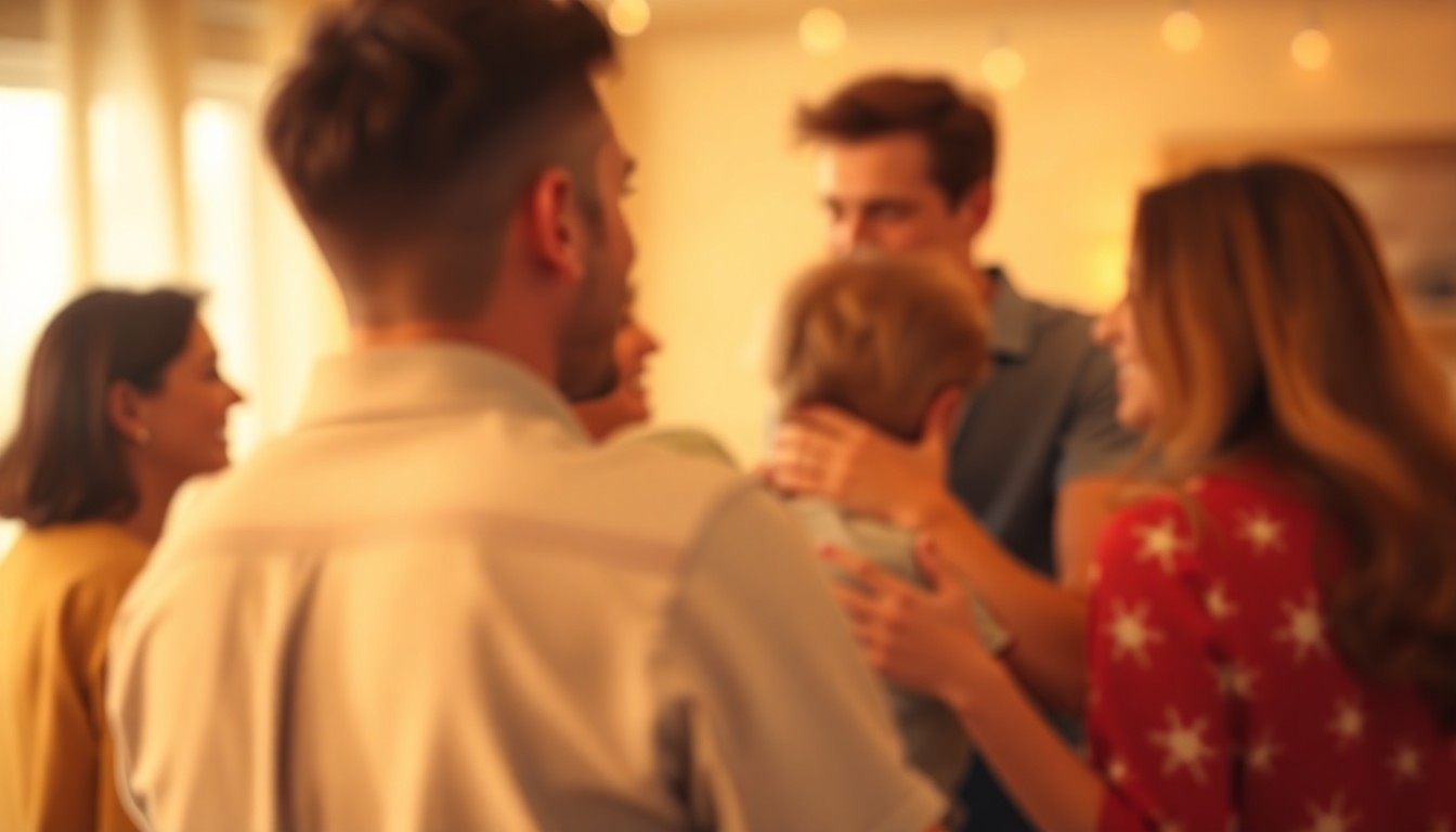 An abstract, impressionistic photograph in soft, warm tones depicting the blurred silhouettes of people embracing and celebrating, conveying a sense of community and togetherness.