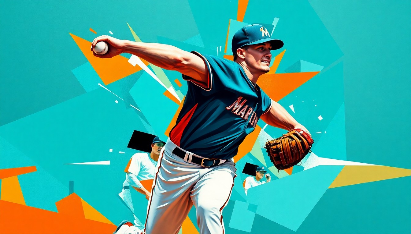 A fractured, multi-angled painting depicting the various motions and angles of a baseball pitcher, rendered in a cubist style with sharp geometric planes and the Marlins' team colors of teal, orange, and black.
