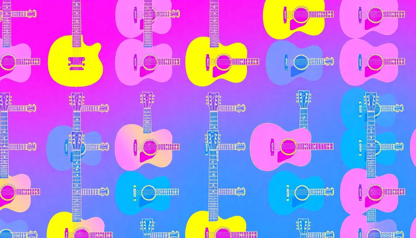 A bold, abstract silkscreen illustration of a country music guitar icon repeated in a grid, using a high-contrast neon color palette to conceptually represent the tension between a music festival and environmental protection.
