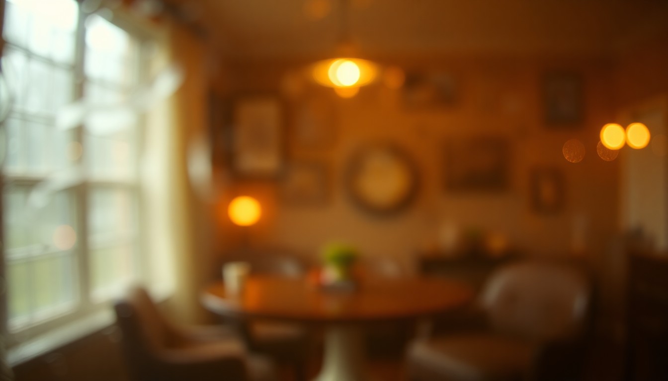 An abstract, blurred image of warm, glowing light and color, evoking the cozy, homey feel of a farmhouse interior.
