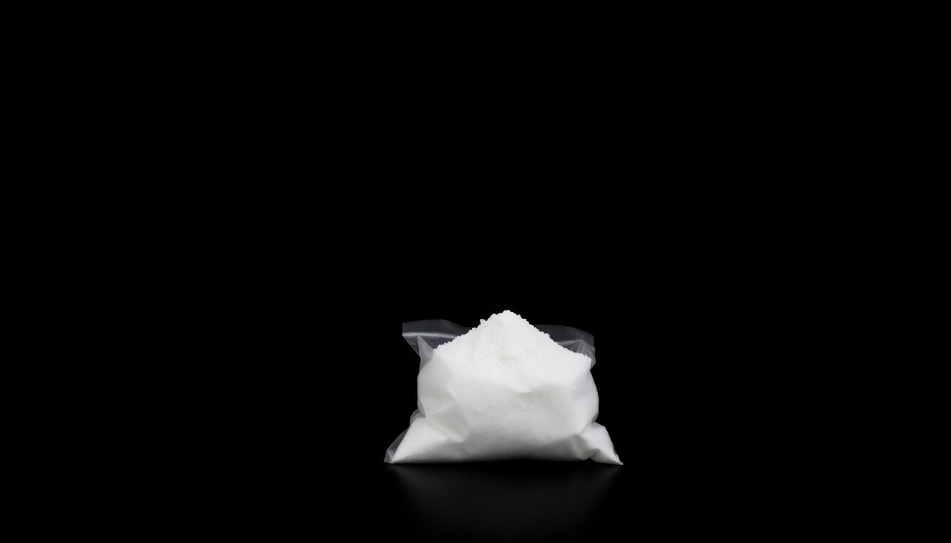 An extreme close-up of a small plastic bag containing white powder, the contents obscured by dramatic shadows and highlights created by a harsh, direct camera flash, conceptually representing the dangerous realities of the fentanyl epidemic.