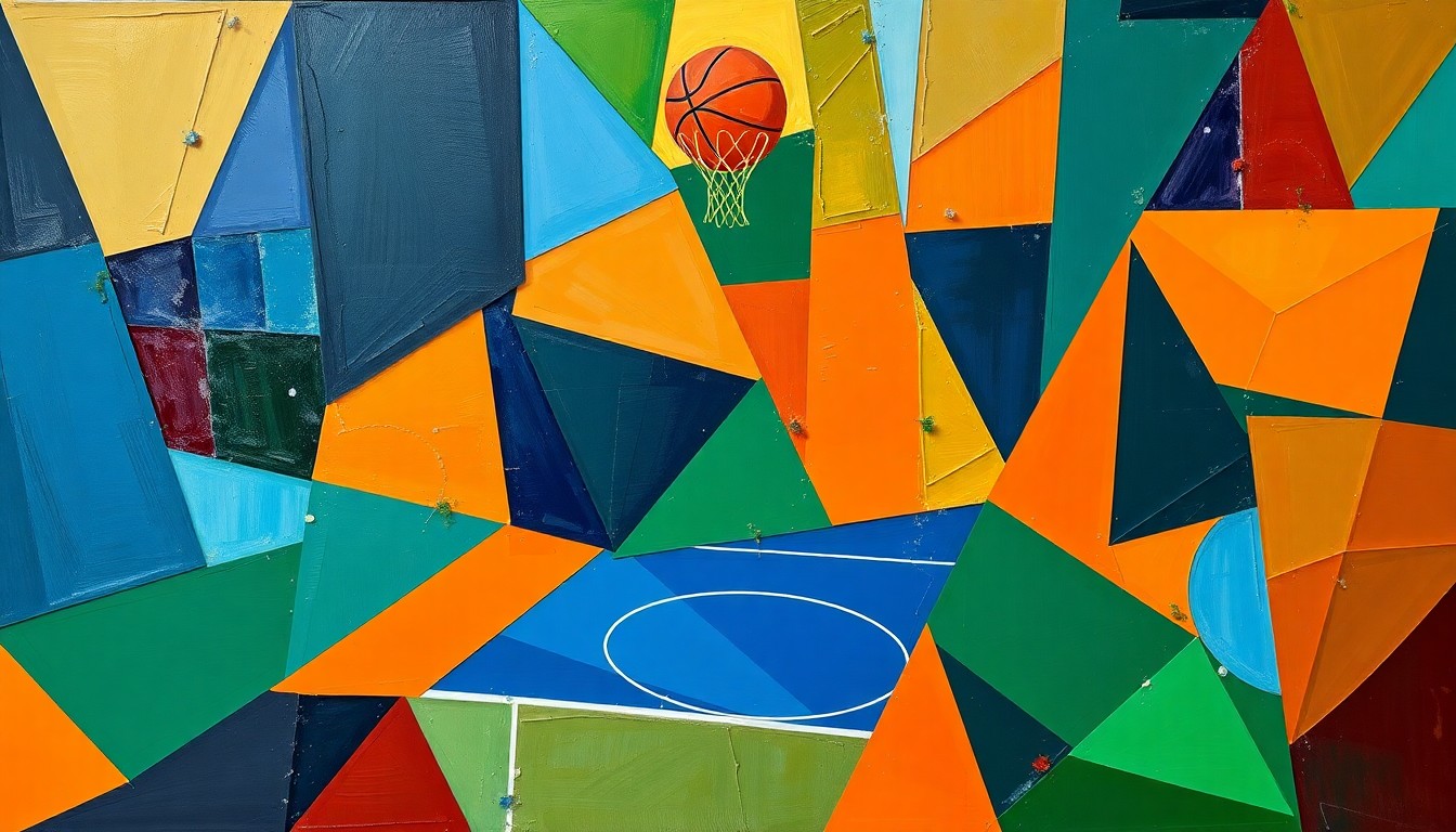 A cubist-style painting featuring overlapping geometric shapes and planes in shades of blue, green, and orange, conceptually representing the action and movement of a basketball game.