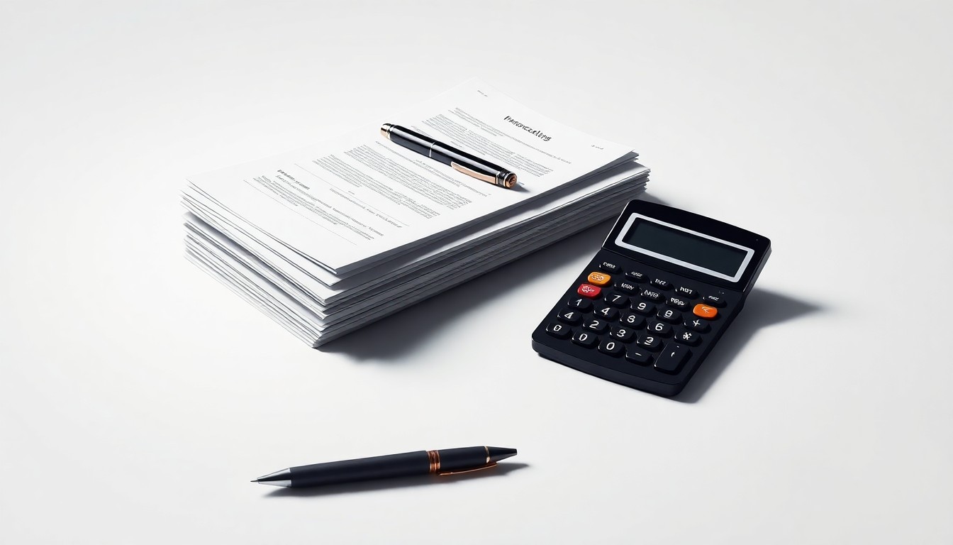 A minimalist studio photograph featuring a stack of financial documents, a pen, and a calculator arranged on a clean white background, conveying the abstract concepts of corporate finance and legal strategy.