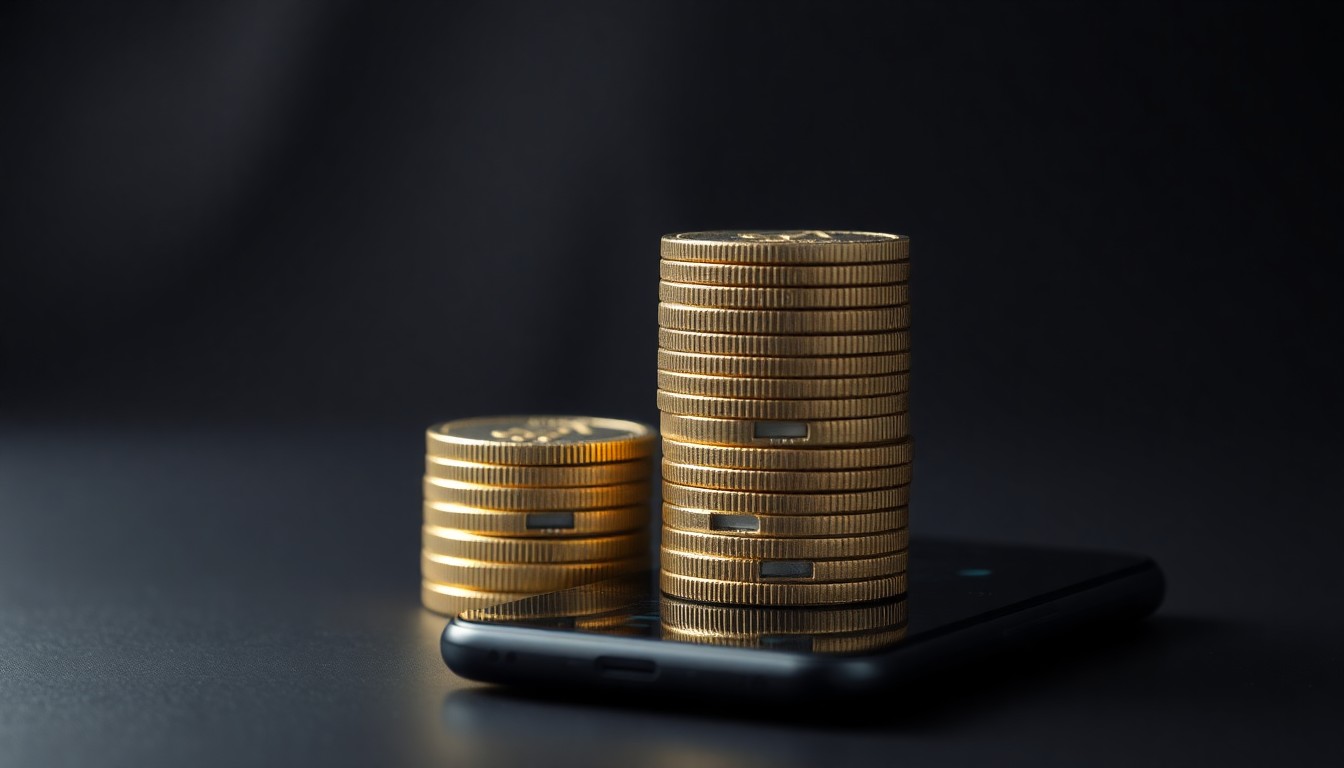 A photorealistic studio still life featuring a stack of shiny metallic cryptocurrency coins and a cracked mobile phone screen, representing the abstract financial risks and corporate strategy challenges facing the newly public cryptocurrency platform BitGo.