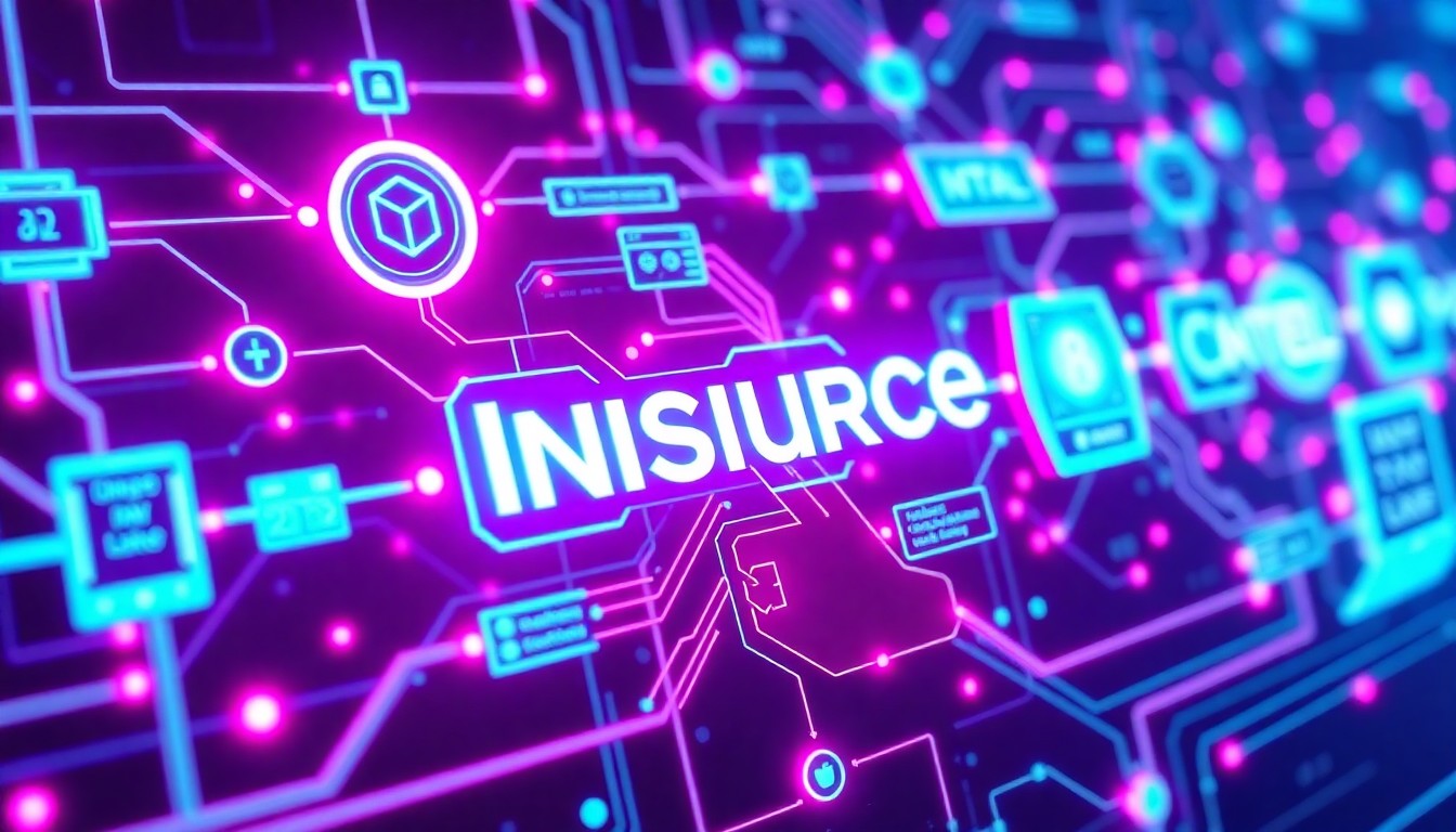 A highly detailed, glowing 3D illustration of an AI-powered insurance workflow, with neon cyan and magenta lights illuminating the various interconnected components and data flows, conceptually representing the advanced automation and intelligence powering the COVU OS platform.
