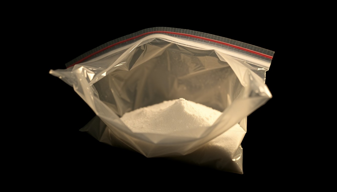 An extreme close-up photograph of a small plastic bag containing white powder, lit by a harsh, direct camera flash against a pitch-black background, conceptually representing the discovery of a drug bust during a routine traffic stop.