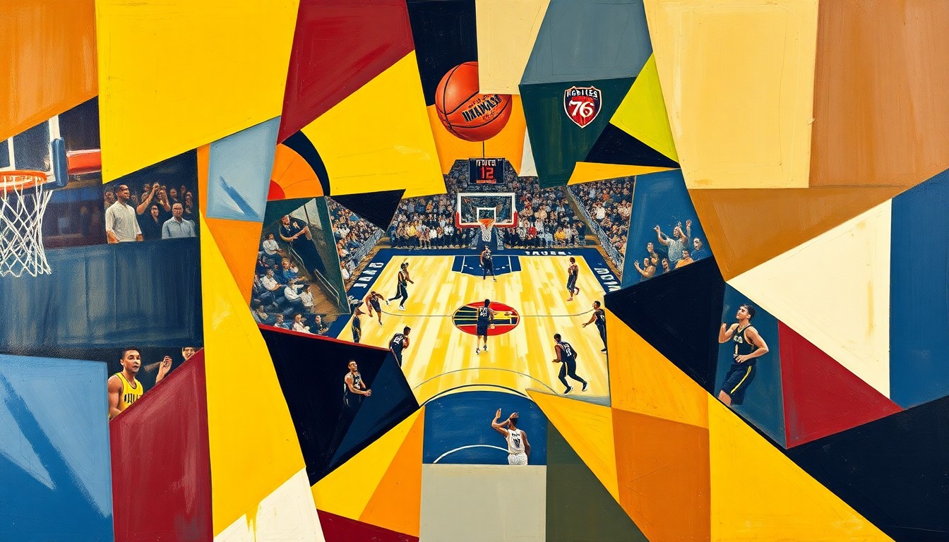 A fragmented, geometric painting depicting a basketball game, with sharp, overlapping planes of color and form representing the dynamic action on the court.
