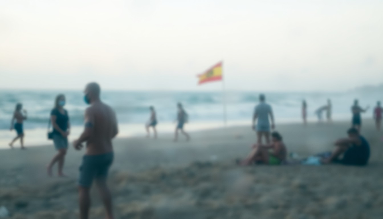 An extremely blurred, impressionistic photograph depicting a hazy, dreamlike scene of beachgoers enjoying the surf and sand, with the iconic red and yellow flags barely visible in the distance, conceptually illustrating the confusion surrounding Australia's beach safety signage.