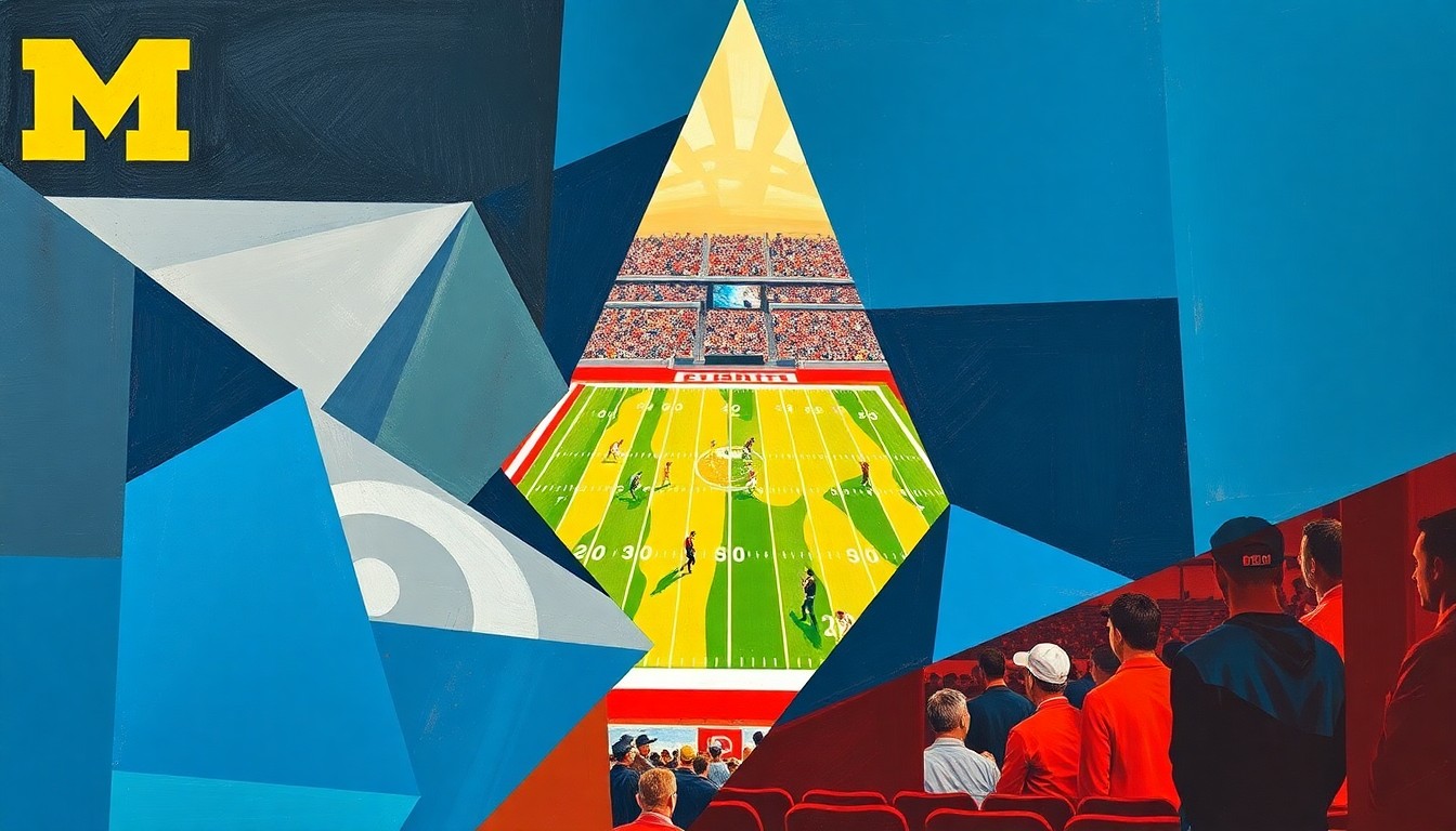 A fractured, cubist-style painting depicting a college football game, with sharp, overlapping geometric shapes in shades of blue, maize, scarlet, and gray, representing the dynamic action and energy of the sport.