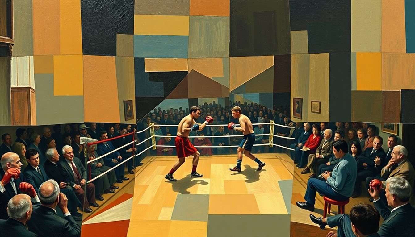 A cubist-style painting depicting a fragmented, geometric representation of a small-hall boxing match, with overlapping planes of color and form capturing the raw energy and passion of the sport's local roots.