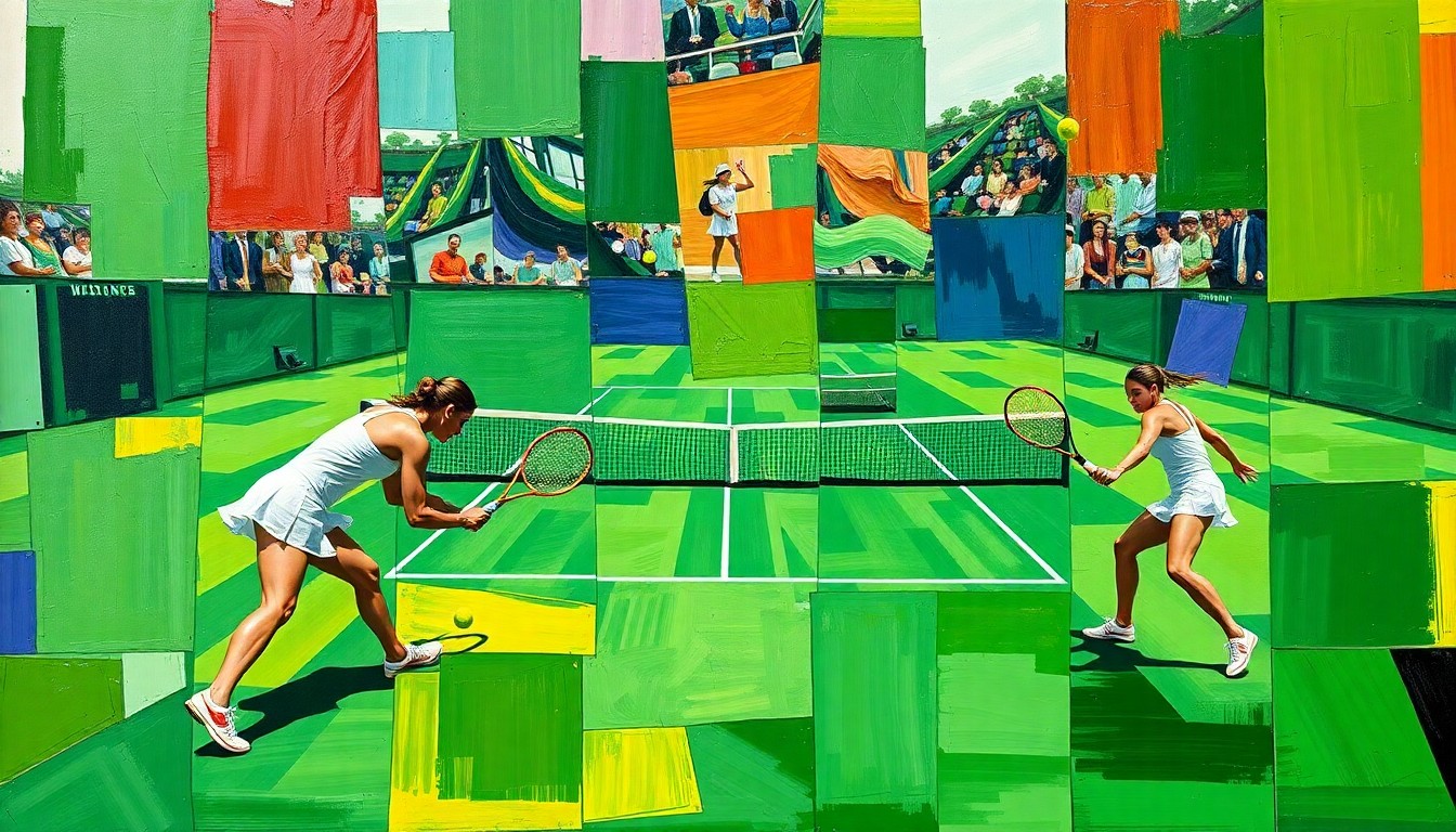 A cubist, geometric painting depicting a women's tennis match, with sharp, overlapping planes of color representing the dynamic action on the court.