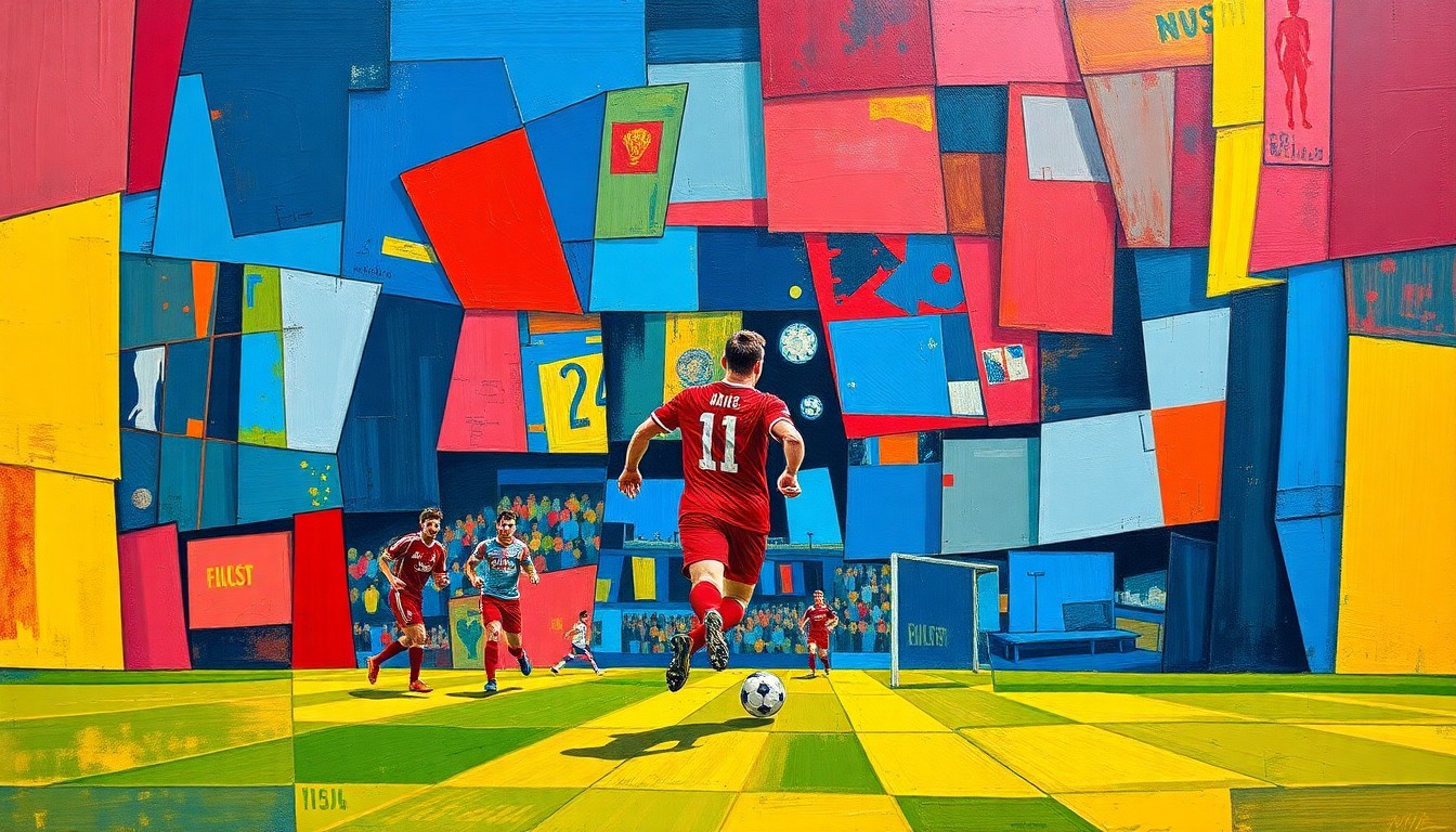 A cubist-style painting depicting fragmented, geometric shapes and planes in shades of blue, red, and yellow, representing the dynamic movements and energy of a soccer match or training session.