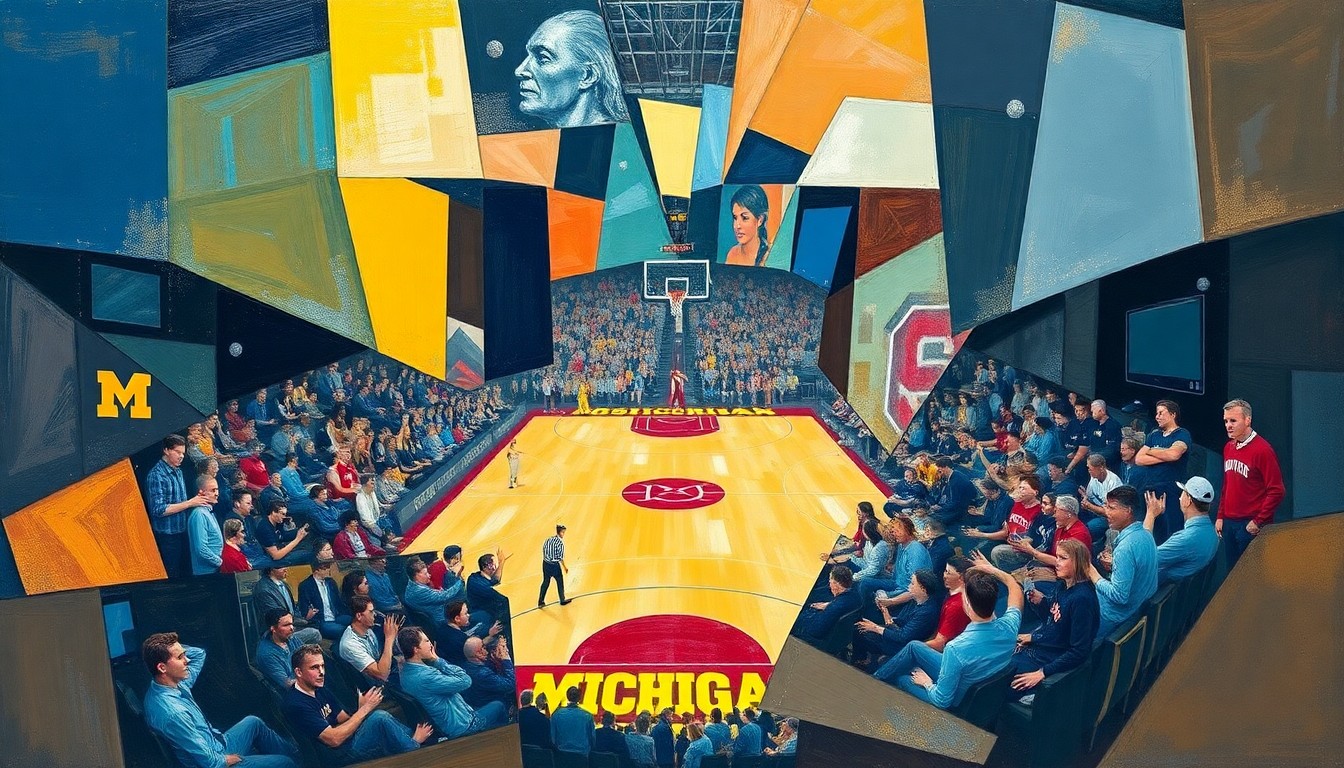 A cubist, geometric painting depicting a college basketball game between Michigan and Ohio State, with the players and court broken down into sharp, overlapping shapes and planes of color.