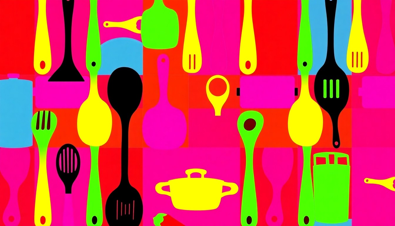 A high-contrast, silkscreen-style illustration featuring a repeated pattern of a cooking whisk in bright neon colors, conceptually representing the rise of female food creators building successful online brands.