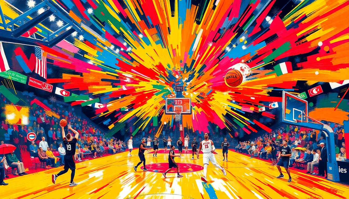 An abstract, energetic painting with vibrant neon brushstrokes in shades of blue, green, and orange, capturing the dynamic movement and excitement of a sports-related event or activity.
